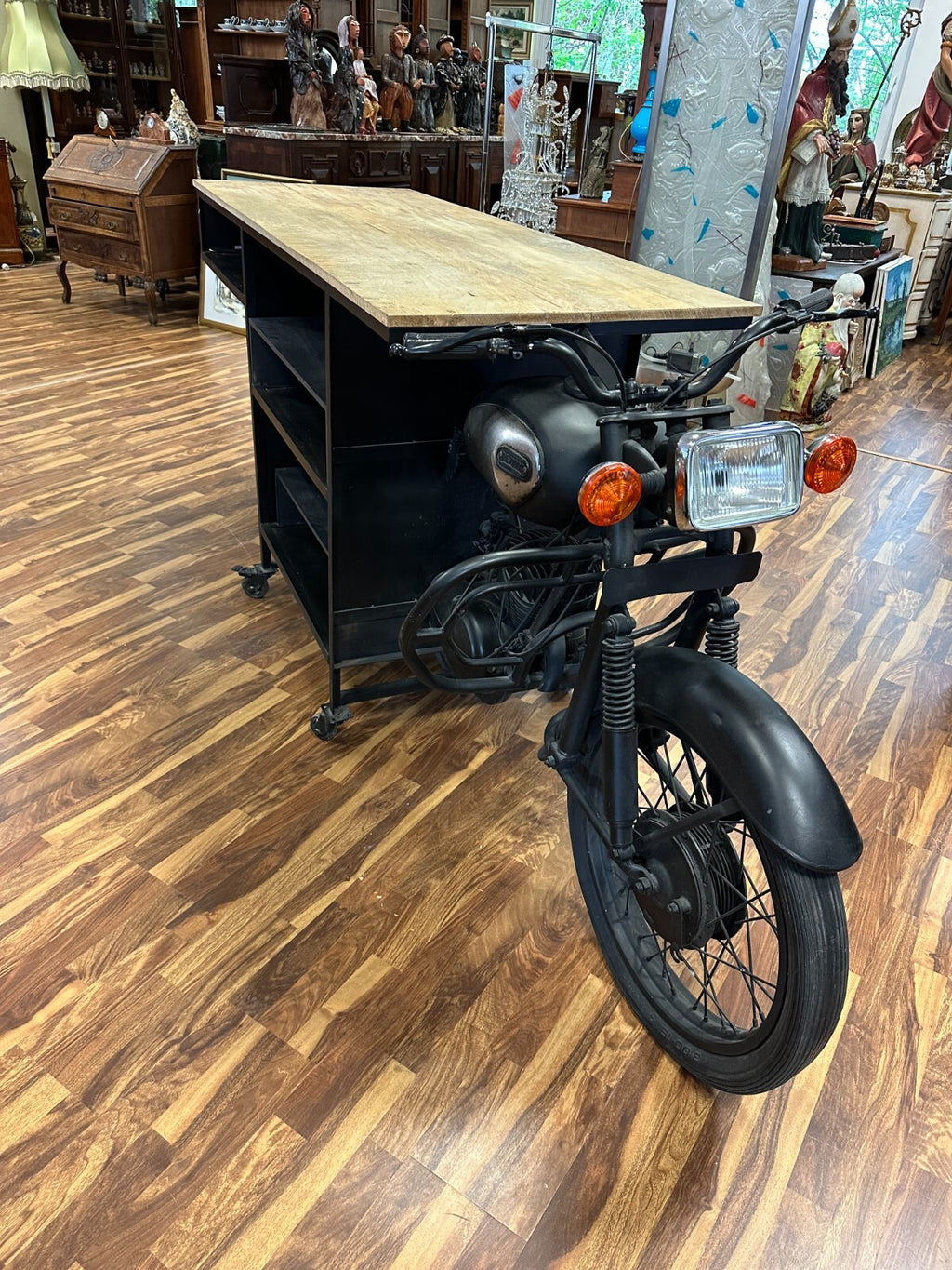 GROSSER MOBILER TRESEN ANTIKES MOTORRAD UMBAU EICHE PLATTE 285cm