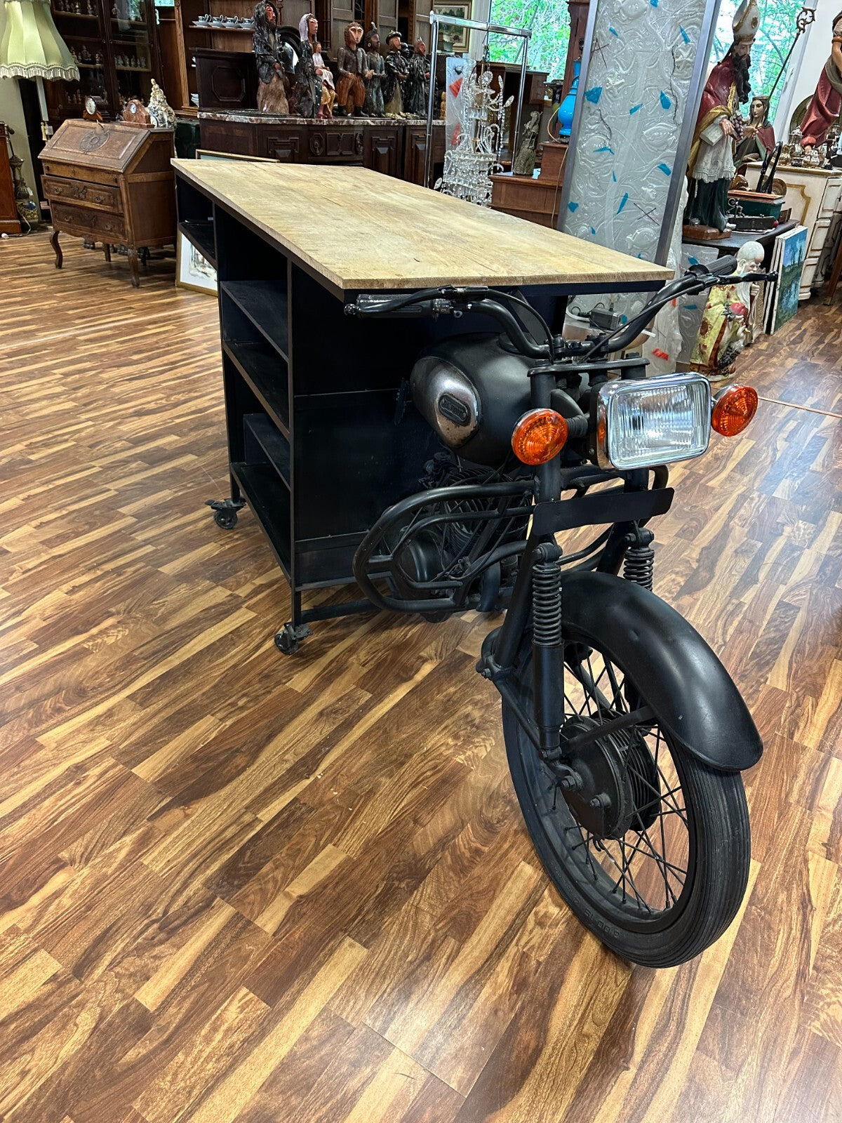 GROSSER MOBILER TRESEN ANTIKES MOTORRAD UMBAU EICHE PLATTE 285cm