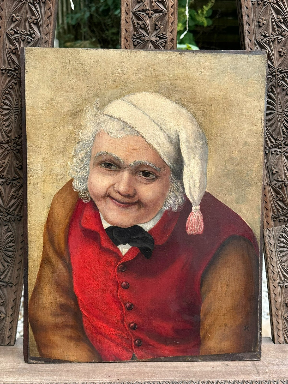 Antikes Biedermeier Ölgemälde Portrait Mann mit Schlafmütze Monogrammist