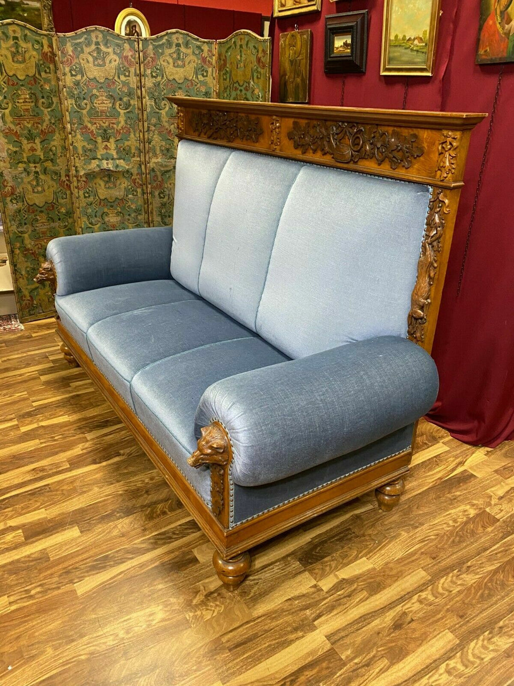 Prunk Sofa Jagd Motive um 1860 massive Schnitzereien Jagdzimmer antik Stabil
