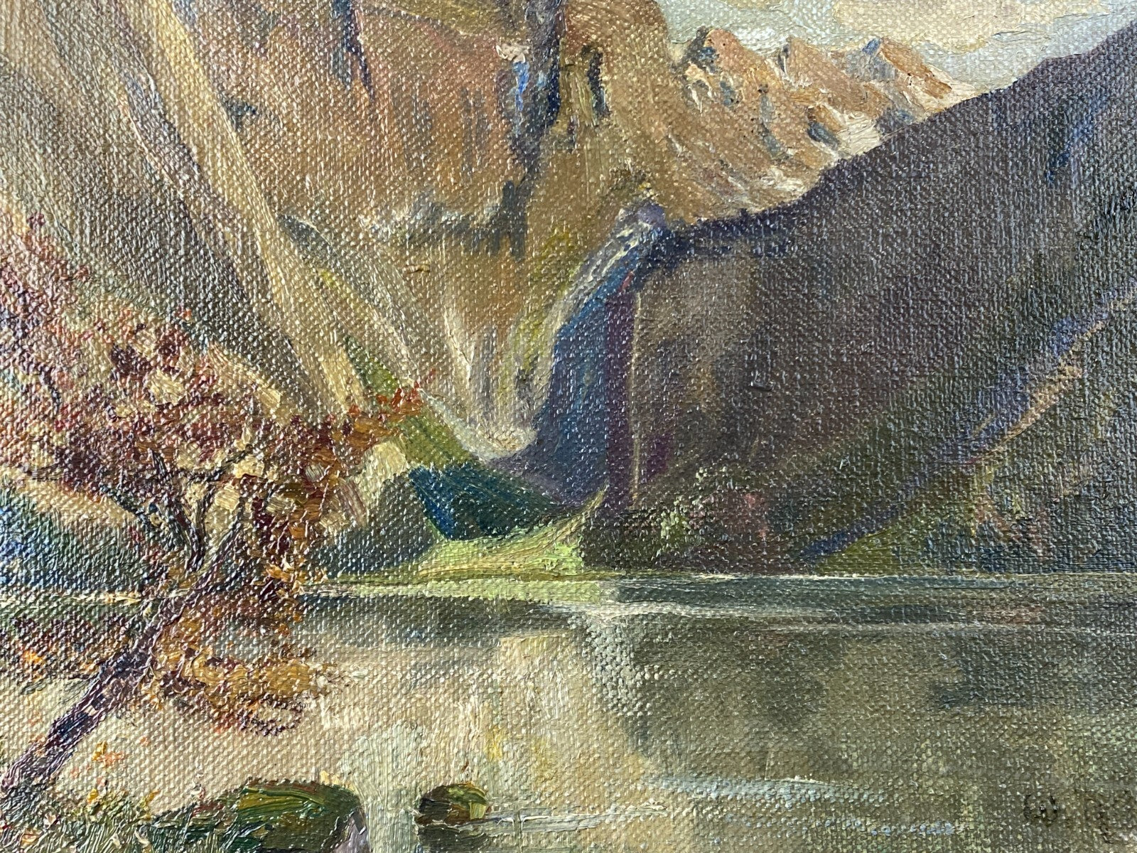 Ölgemälde Landschaft See vor Gebirge Gemälde signiert W. Rösch