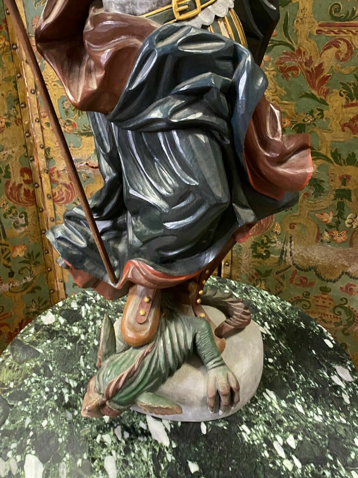 Heiligenfigur Heiliger Georg Drachentöter Skulptur Holz massiv Polychrom