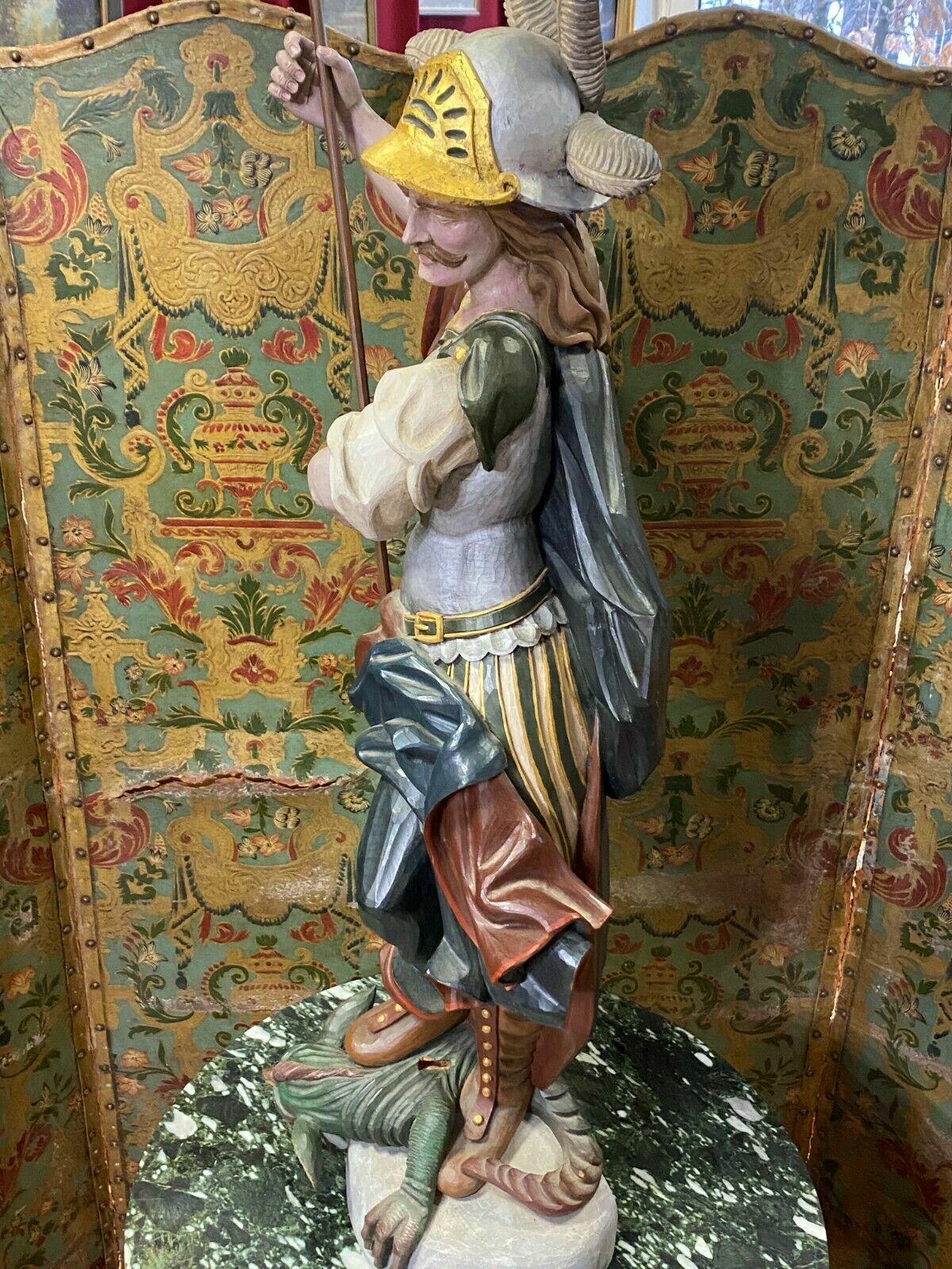 Heiligenfigur Heiliger Georg Drachentöter Skulptur Holz massiv Polychrom