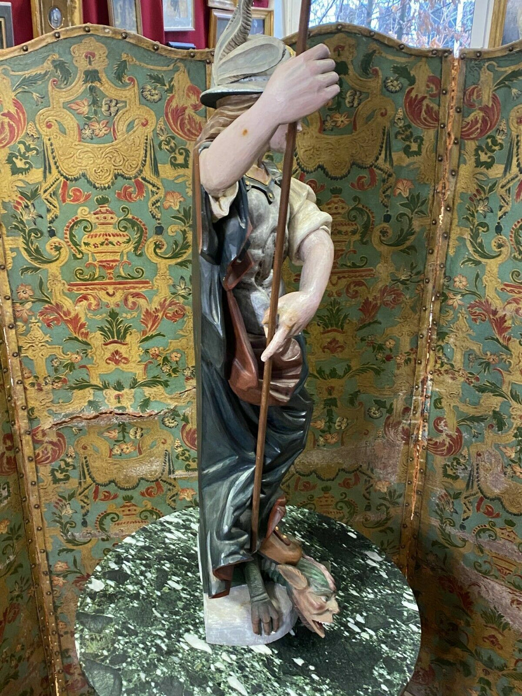 Heiligenfigur Heiliger Georg Drachentöter Skulptur Holz massiv Polychrom