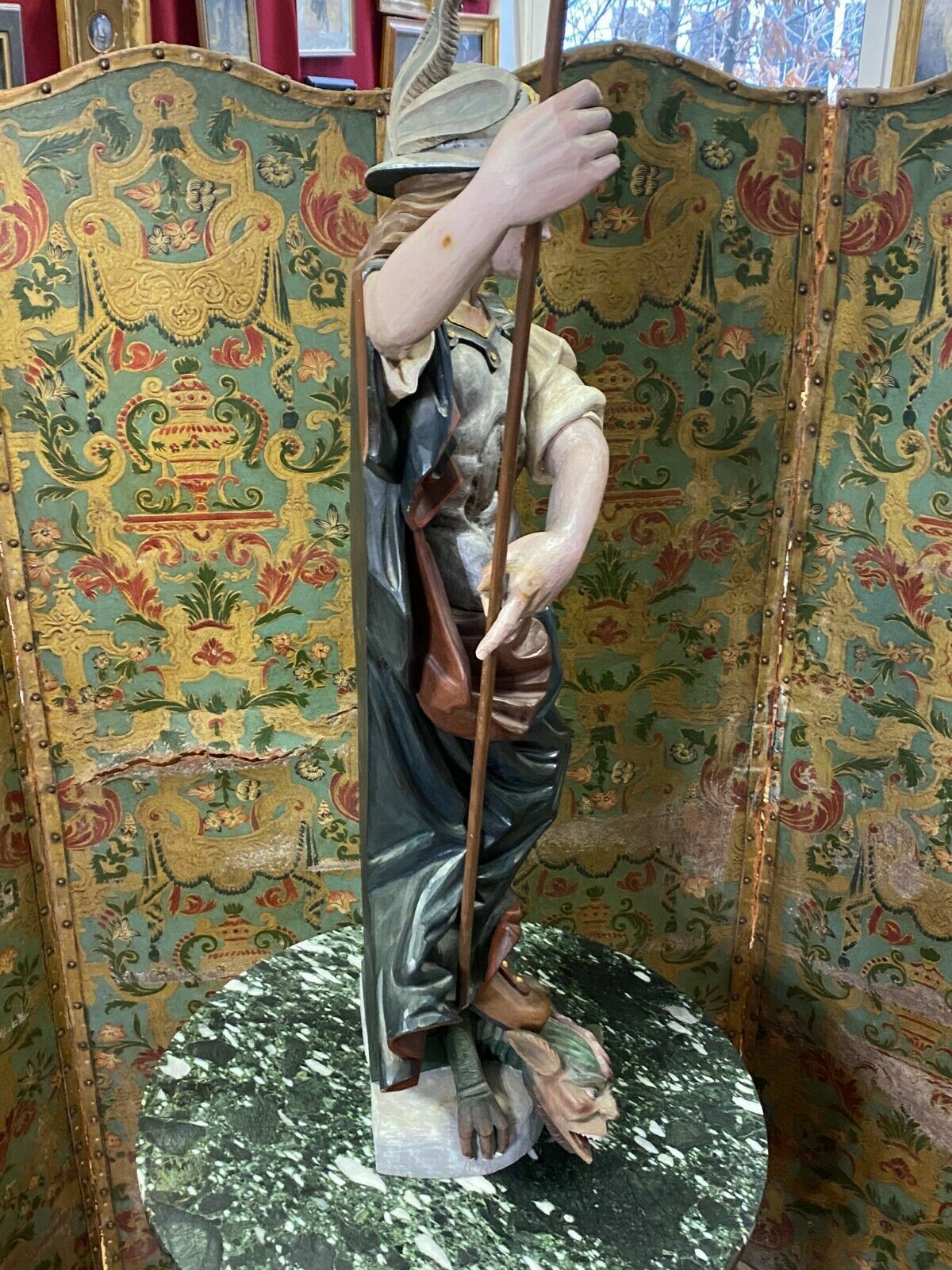 Heiligenfigur Heiliger Georg Drachentöter Skulptur Holz massiv Polychrom