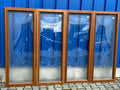 4x ANTIKE GLASSCHEIBE ORIGINAL UM 1900 JUGENDSTIL LANDSCHAFT GIRLANDEN PFAUEN