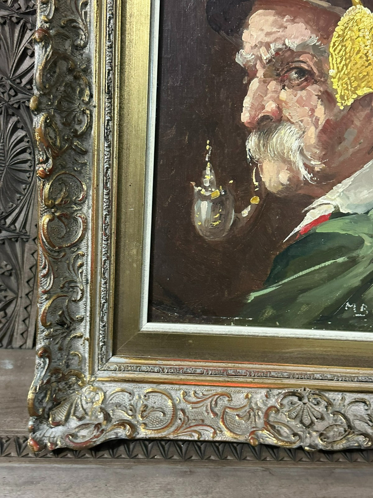 Ölgemälde auf Platte Portrait Bauer Mann mit Hut und Pfeife gut gerahmt