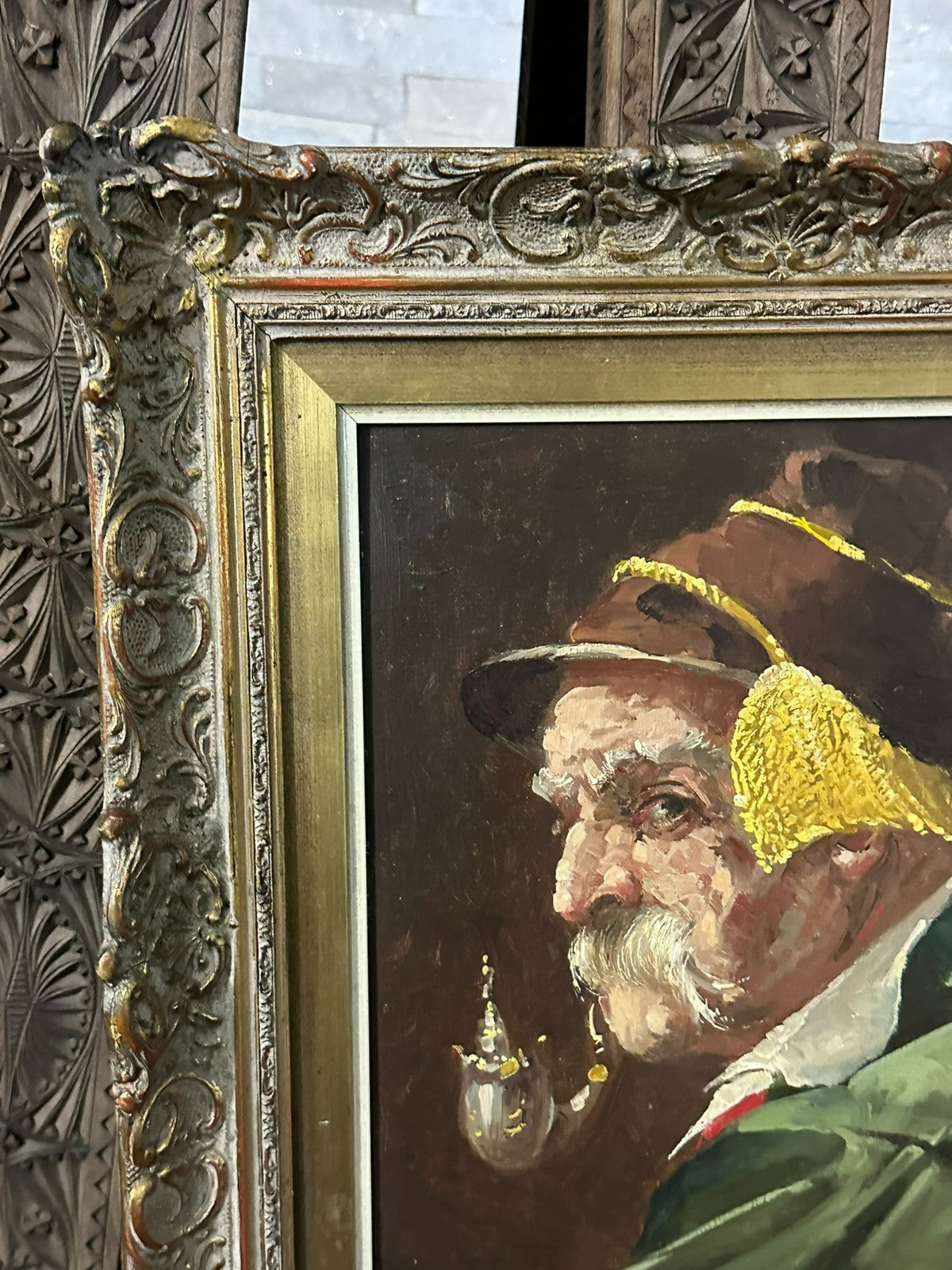 Ölgemälde auf Platte Portrait Bauer Mann mit Hut und Pfeife gut gerahmt