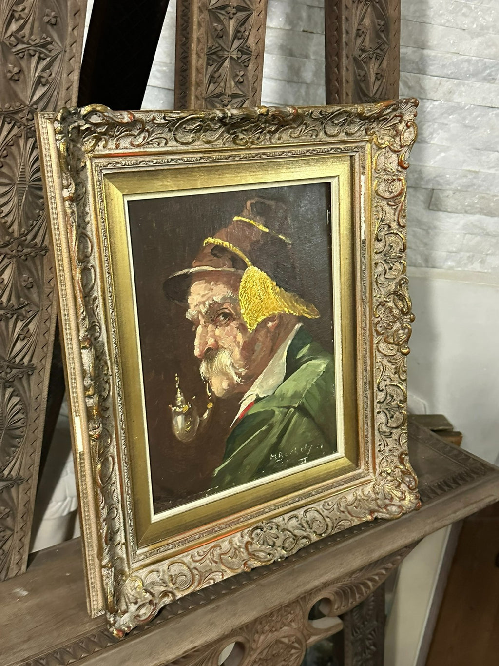 Ölgemälde auf Platte Portrait Bauer Mann mit Hut und Pfeife gut gerahmt