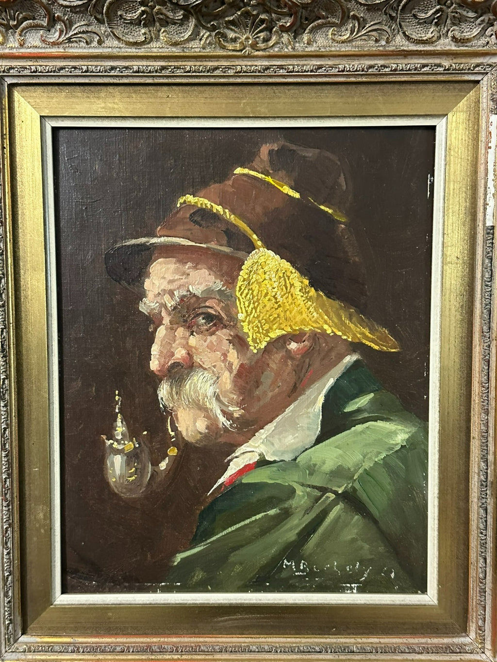 Ölgemälde auf Platte Portrait Bauer Mann mit Hut und Pfeife gut gerahmt