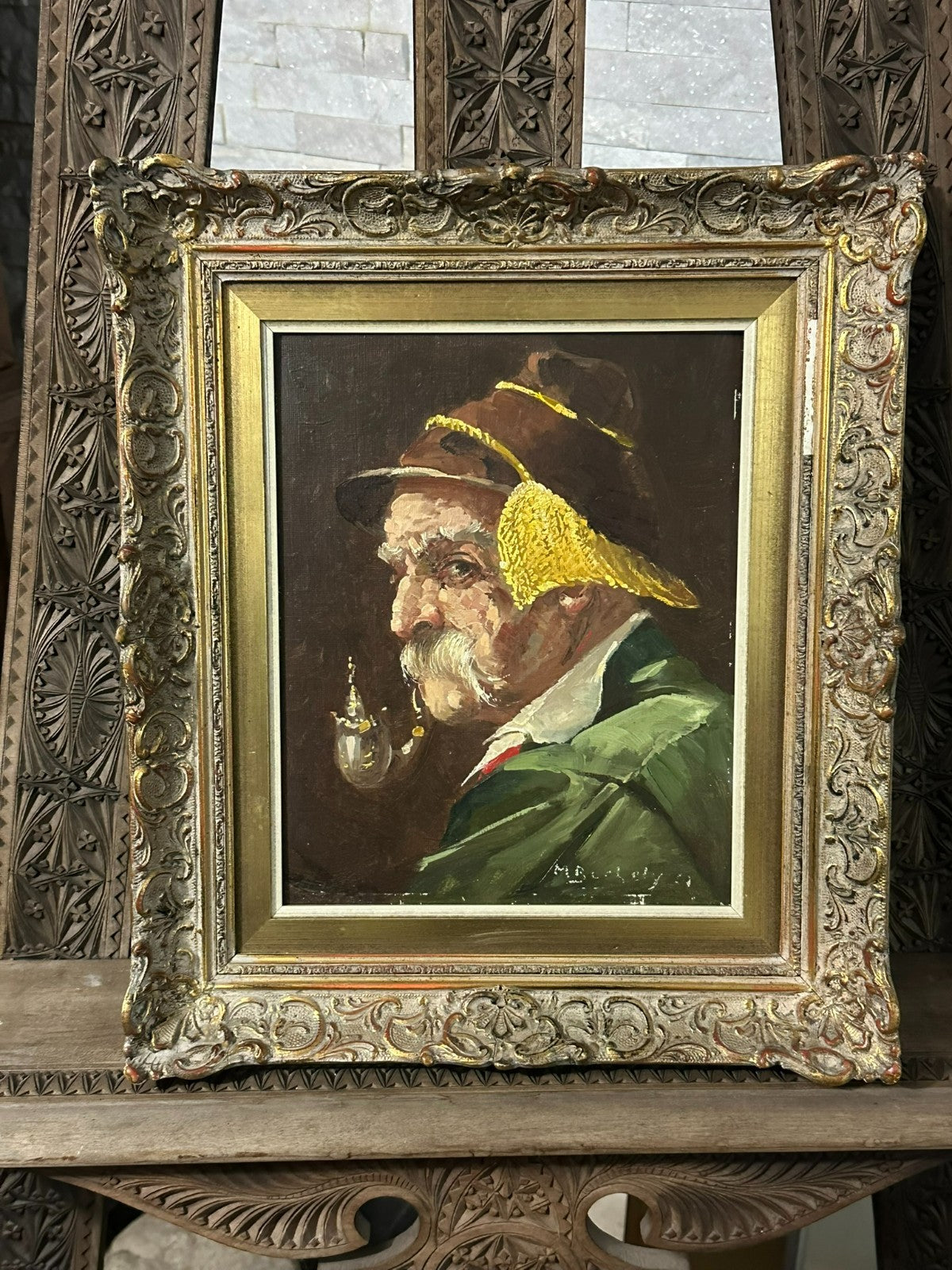 Ölgemälde auf Platte Portrait Bauer Mann mit Hut und Pfeife gut gerahmt