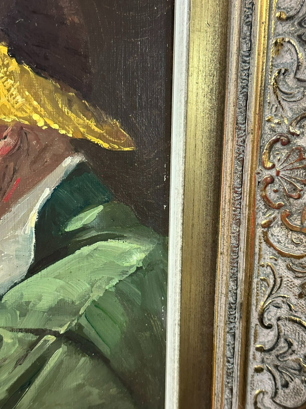 Ölgemälde auf Platte Portrait Bauer Mann mit Hut und Pfeife gut gerahmt