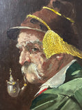 ÖLGEMÄLDE AUF PLATTE PORTRAIT BAUER MANN MIT HUT UND PFEIFE GUT GERAHMT