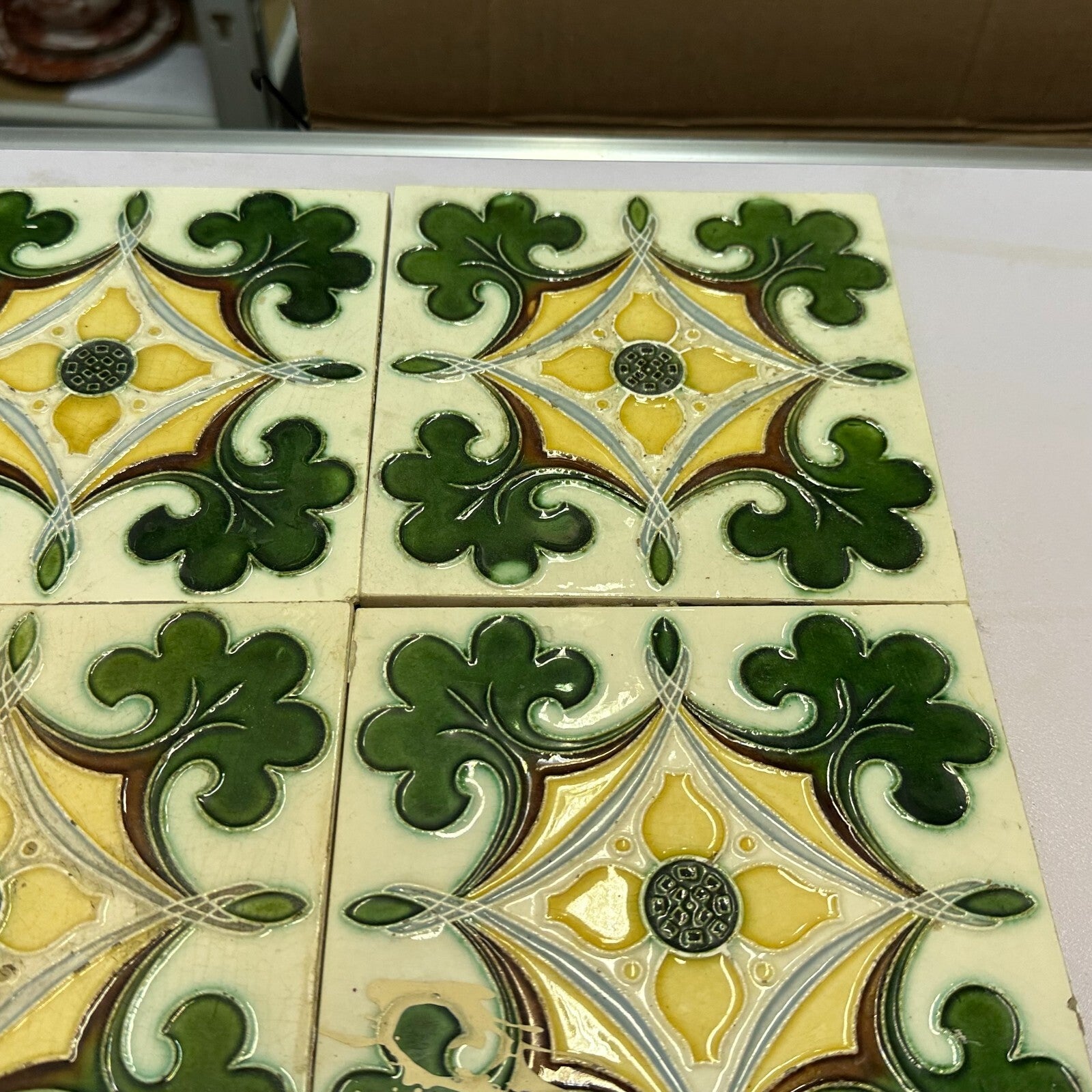 Set 9x Jugendstilfliese aus Keramik 15x15cm antike Jugendstil Fliese um 1910