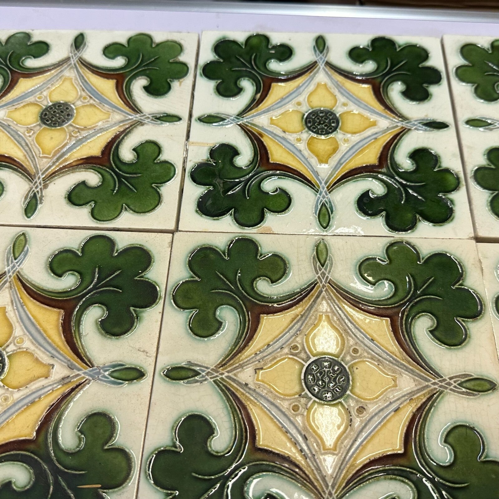 Set 9x Jugendstilfliese aus Keramik 15x15cm antike Jugendstil Fliese um 1910