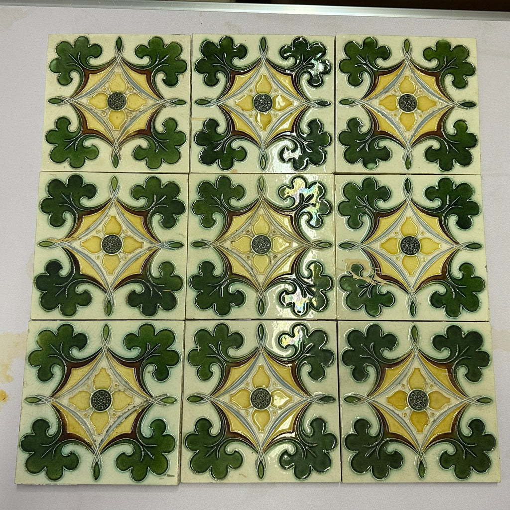 SET 9x JUGENDSTILFLIESE AUS KERAMIK 15x15cm ANTIKE JUGENDSTIL FLIESE UM 1910