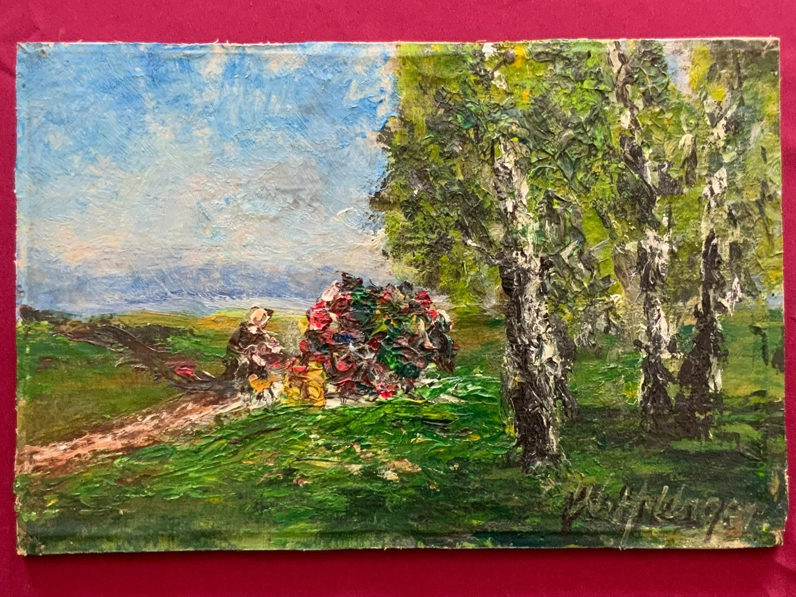 W.H. Unger Ölgemälde Picknick am Kochelsee Leinwand geklebt auf Platte, 42x28cm
