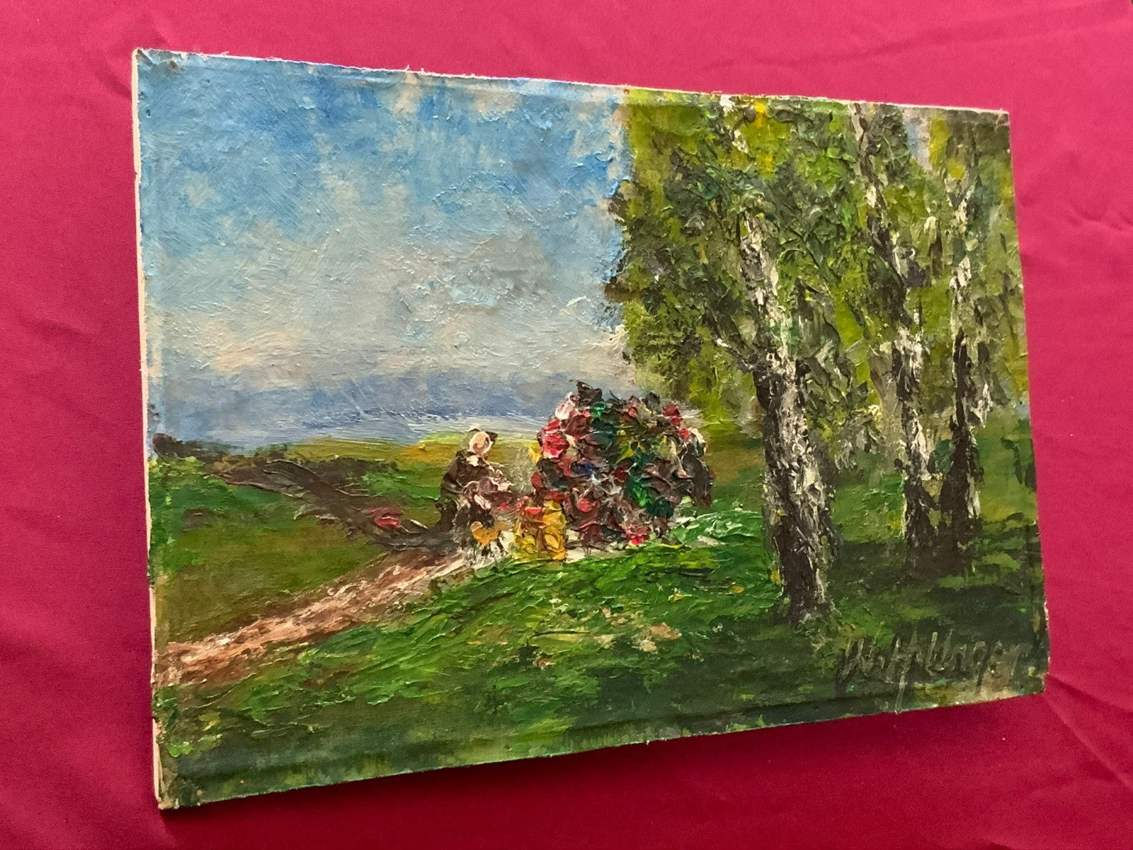 W.H. Unger Ölgemälde Picknick am Kochelsee Leinwand geklebt auf Platte, 42x28cm