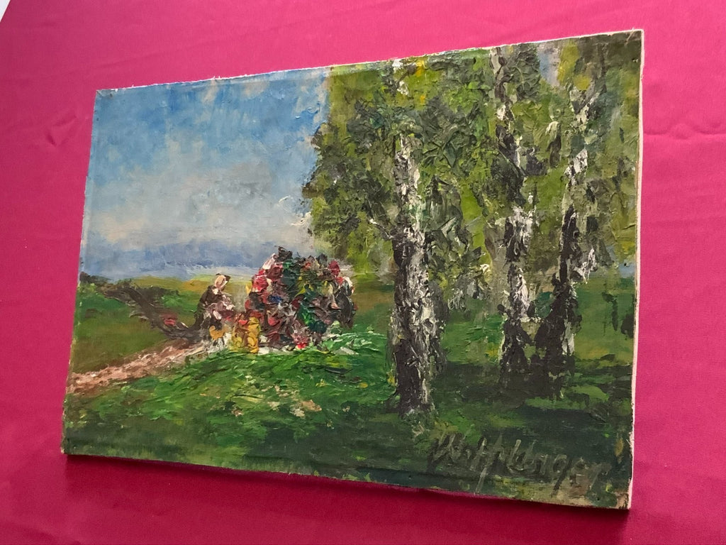 W.H. Unger Ölgemälde Picknick am Kochelsee Leinwand geklebt auf Platte, 42x28cm