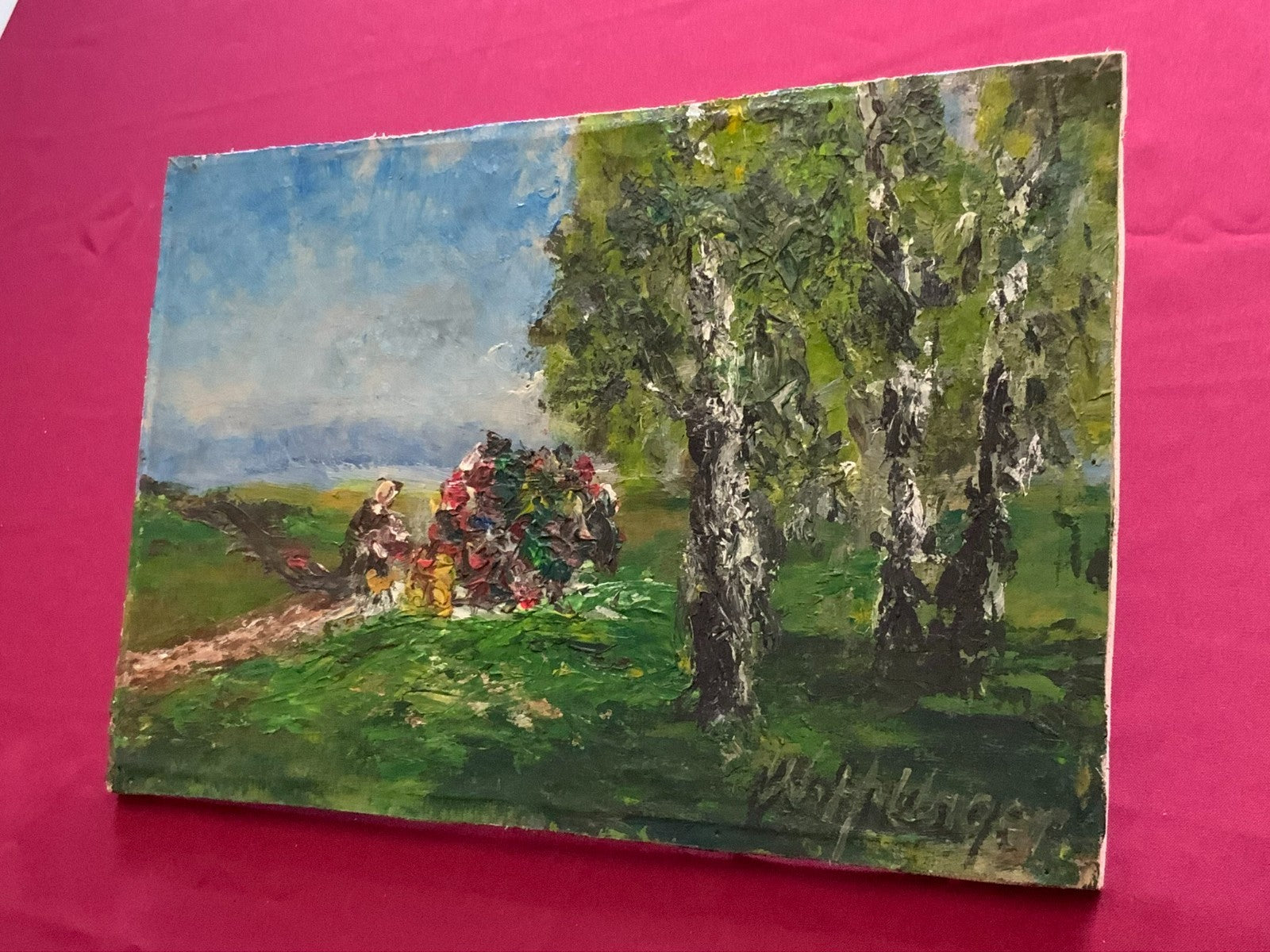 W.H. Unger Ölgemälde Picknick am Kochelsee Leinwand geklebt auf Platte, 42x28cm