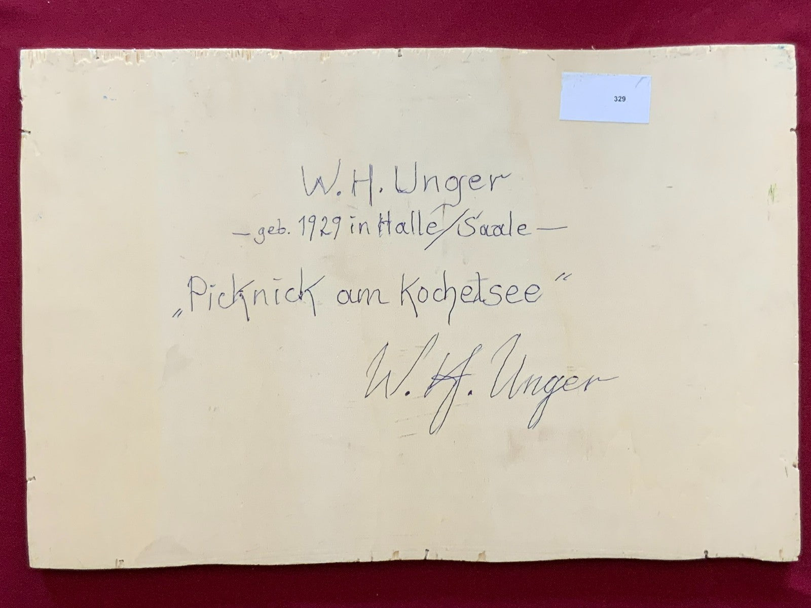 W.H. Unger Ölgemälde Picknick am Kochelsee Leinwand geklebt auf Platte, 42x28cm