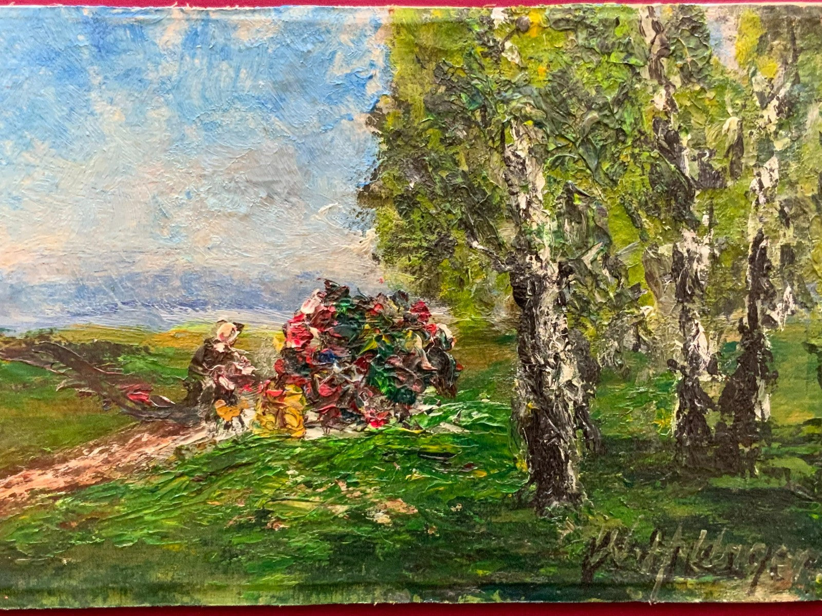 W.H. Unger Ölgemälde Picknick am Kochelsee Leinwand geklebt auf Platte, 42x28cm