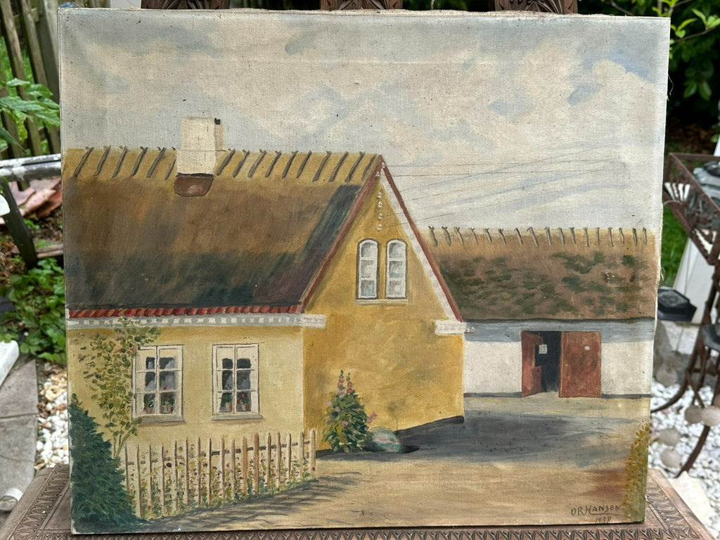 Antikes Ölgemälde von 1938 signiert o R Hansen Bauernhof