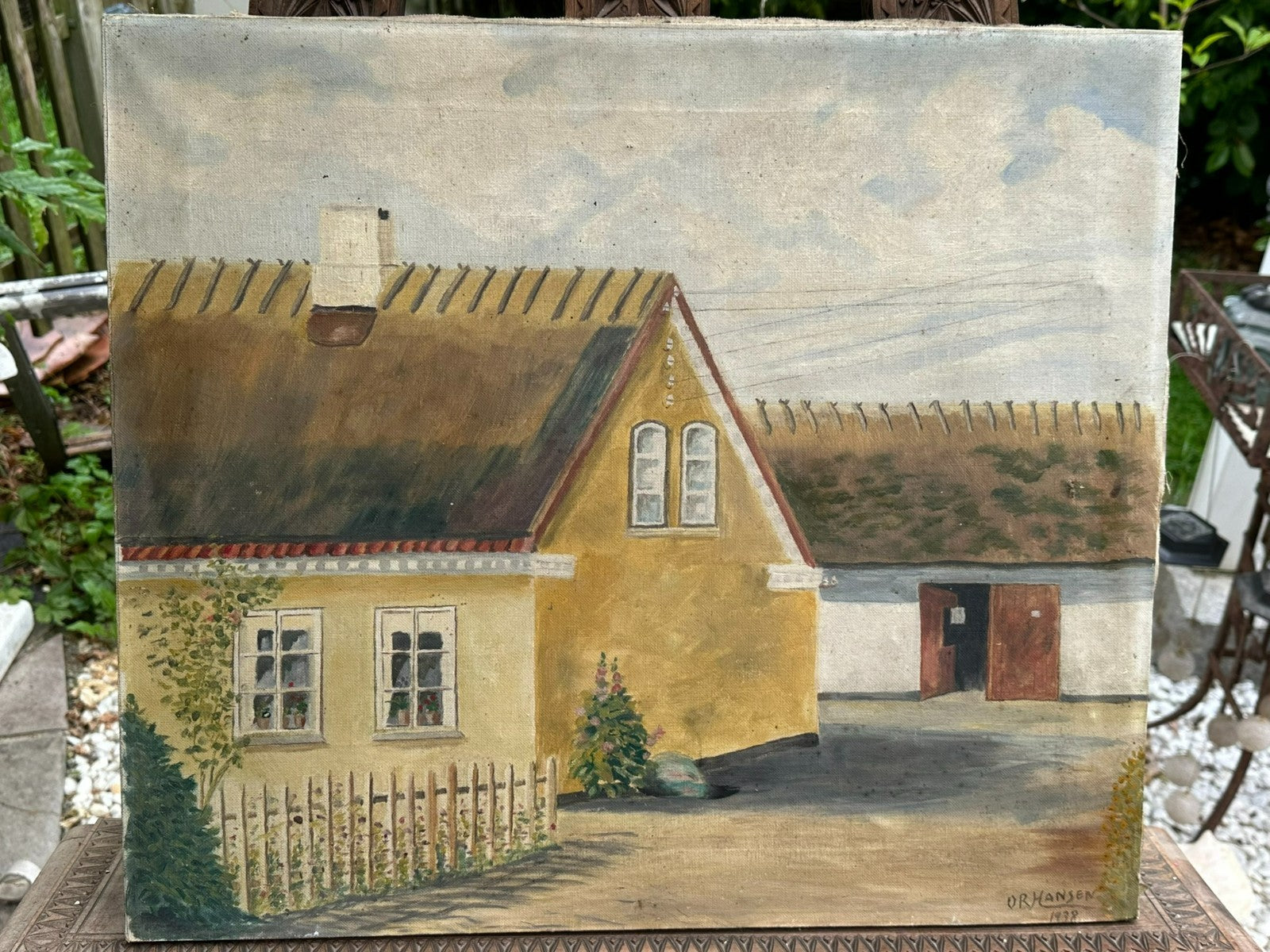 Antikes Ölgemälde von 1938 signiert o R Hansen Bauernhof