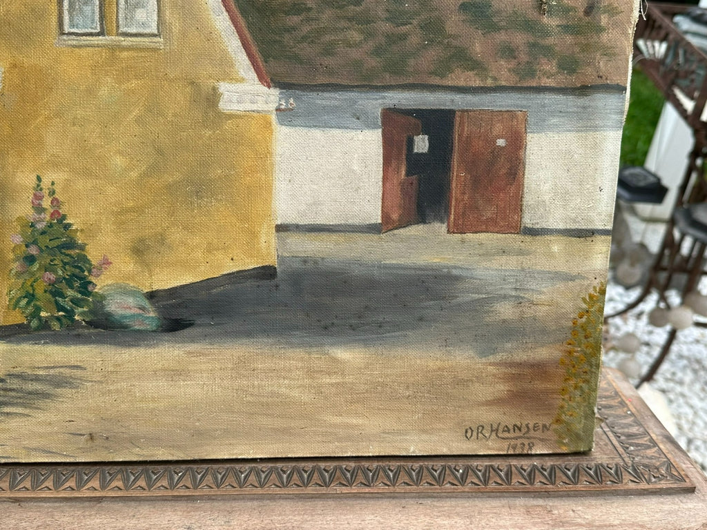 Antikes Ölgemälde von 1938 signiert o R Hansen Bauernhof
