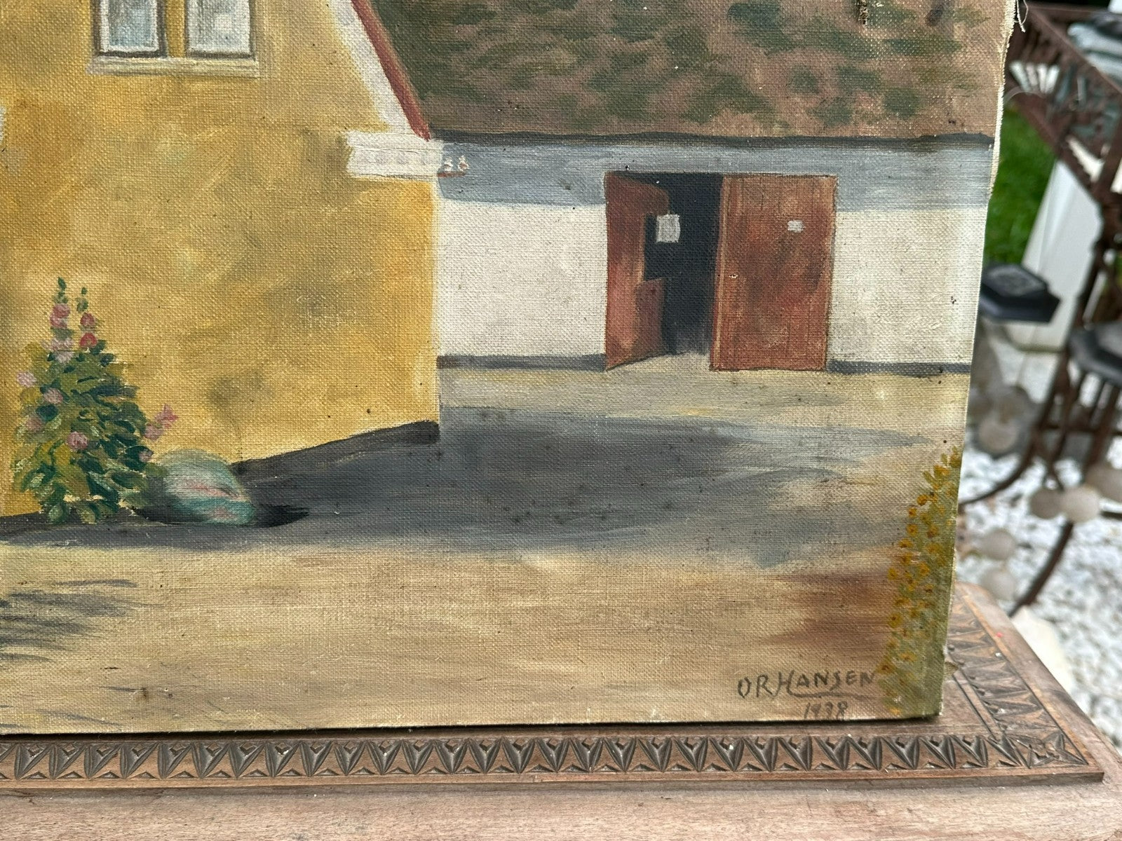 Antikes Ölgemälde von 1938 signiert o R Hansen Bauernhof