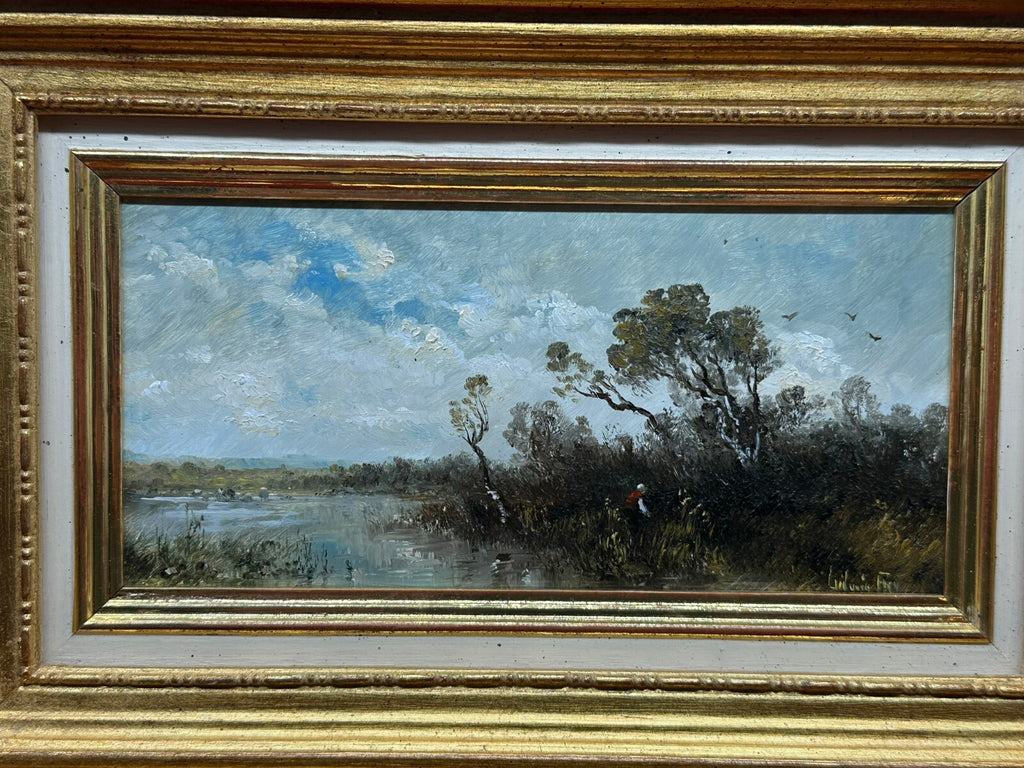 Ölgemälde auf Platte in Prunkrahmen Frau am Weiher Moor Landschaft Ludwig Frey