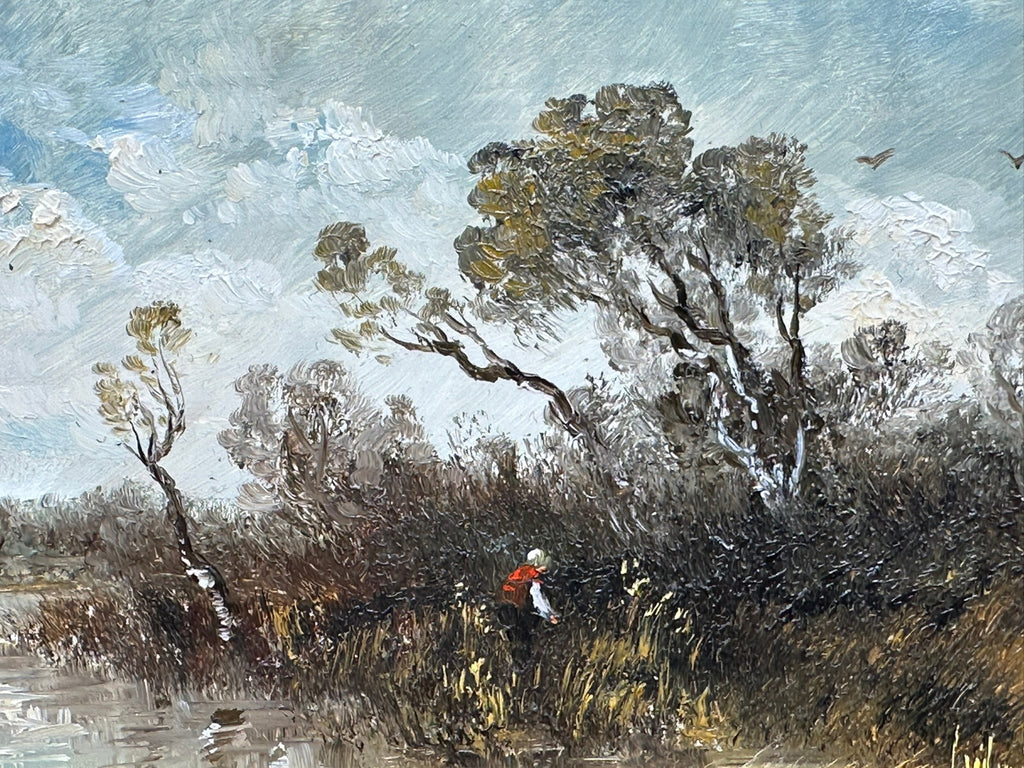 Ölgemälde auf Platte in Prunkrahmen Frau am Weiher Moor Landschaft Ludwig Frey