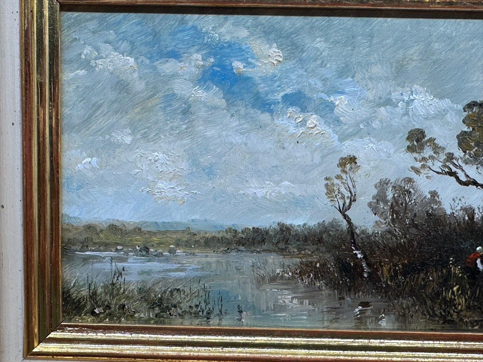 Ölgemälde auf Platte in Prunkrahmen Frau am Weiher Moor Landschaft Ludwig Frey