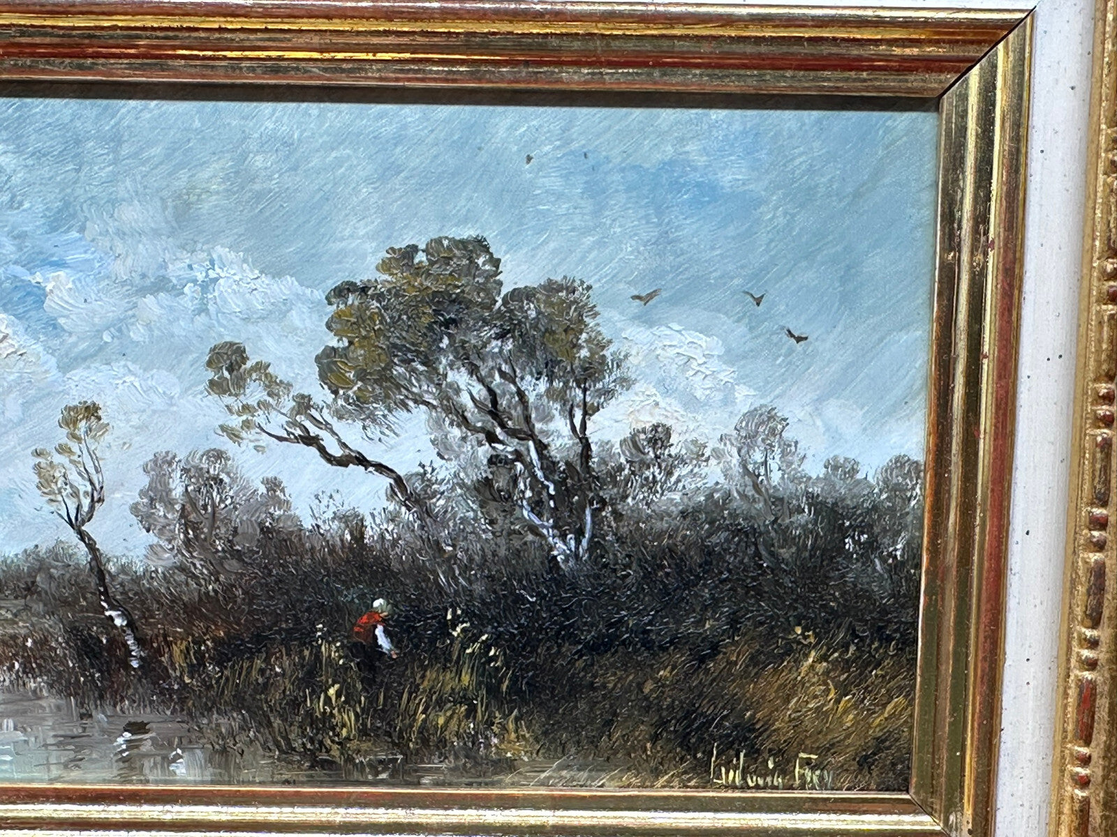 Ölgemälde auf Platte in Prunkrahmen Frau am Weiher Moor Landschaft Ludwig Frey