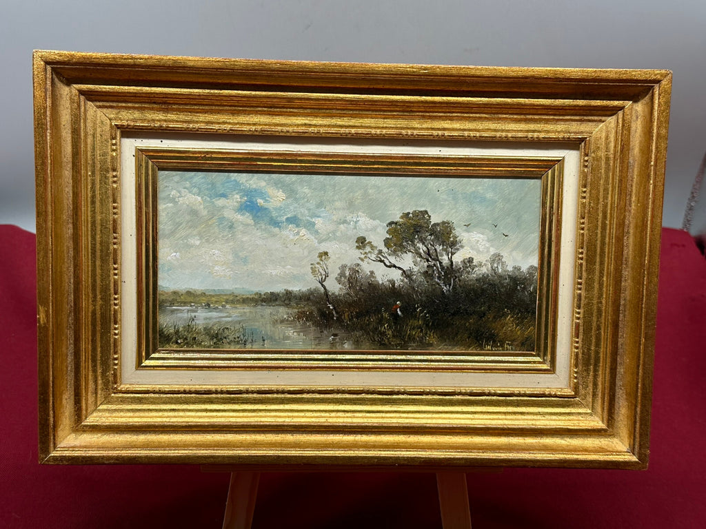 Ölgemälde auf Platte in Prunkrahmen Frau am Weiher Moor Landschaft Ludwig Frey