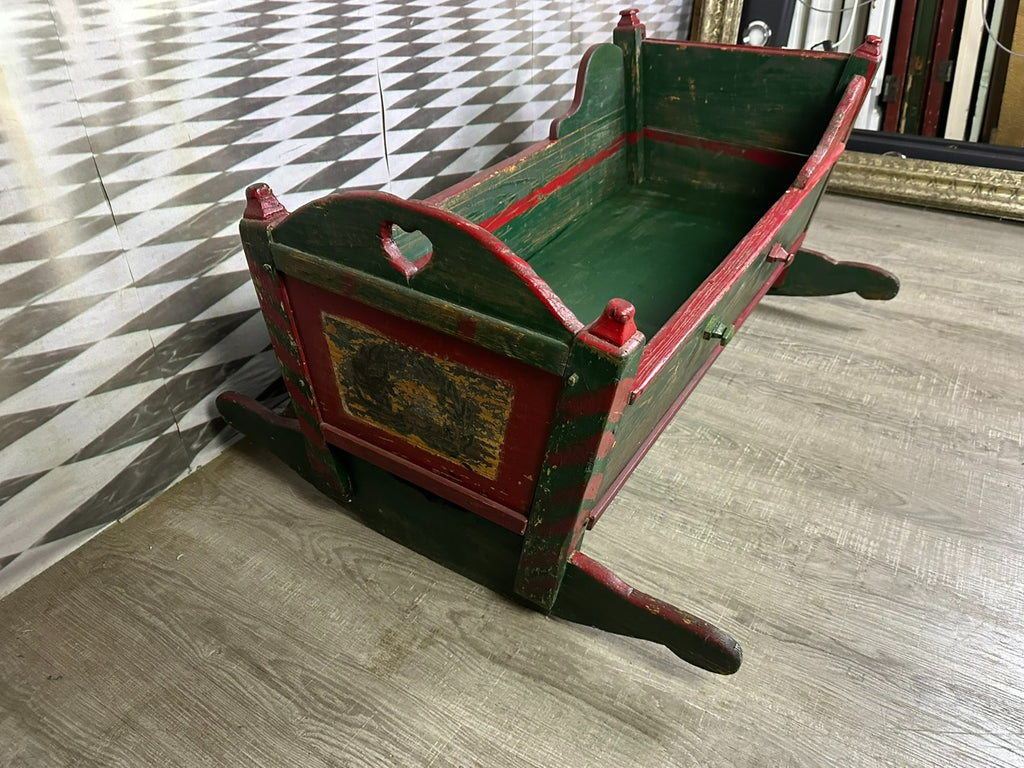 Antike Babywippe 19 tes Jhdt Holz handbemalt datiert 1836 Kinderbett