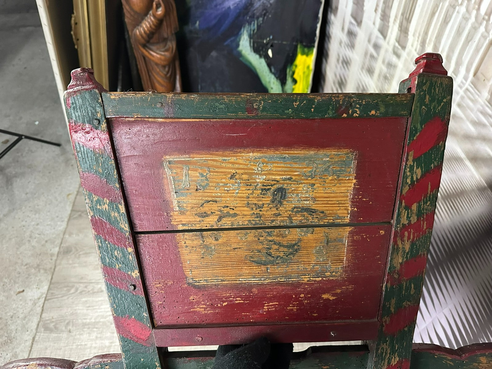 Antike Babywippe 19 tes Jhdt Holz handbemalt datiert 1836 Kinderbett