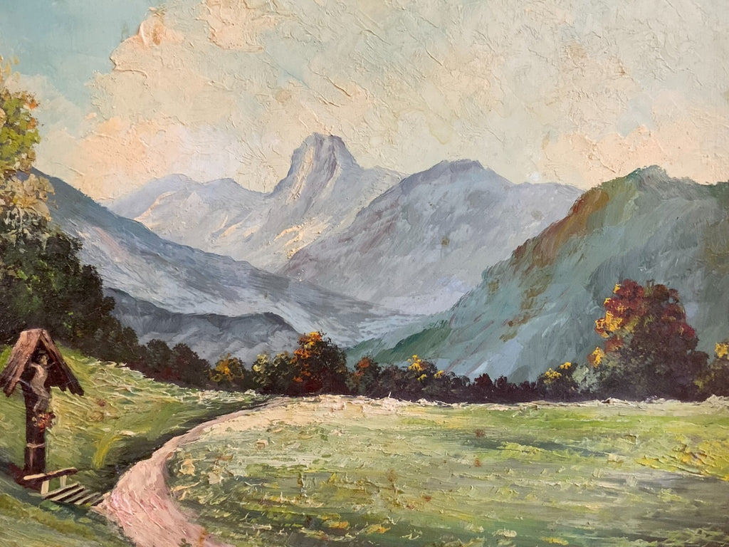 Ölgemälde Wanderweg in der Landschaft mit Kruzifix signiert gut gerahmt