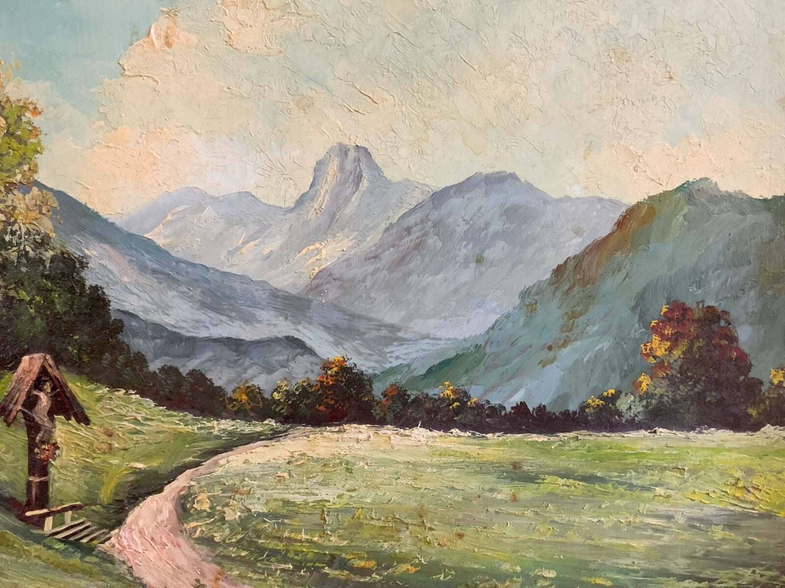 Ölgemälde Wanderweg in der Landschaft mit Kruzifix signiert gut gerahmt