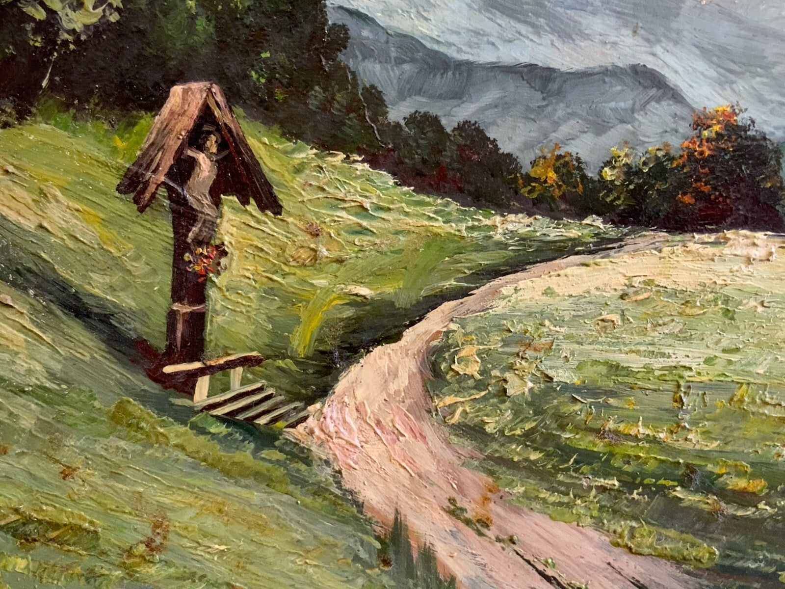 Ölgemälde Wanderweg in der Landschaft mit Kruzifix signiert gut gerahmt
