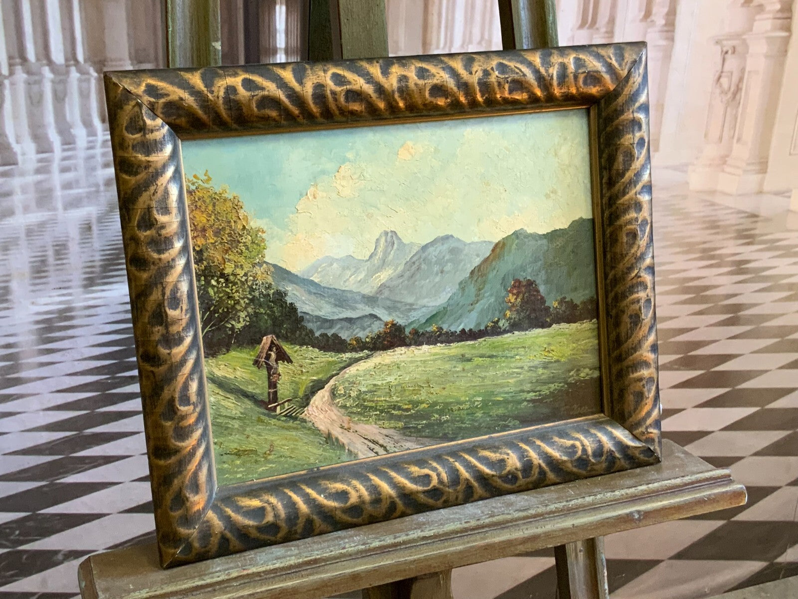 Ölgemälde Wanderweg in der Landschaft mit Kruzifix signiert gut gerahmt