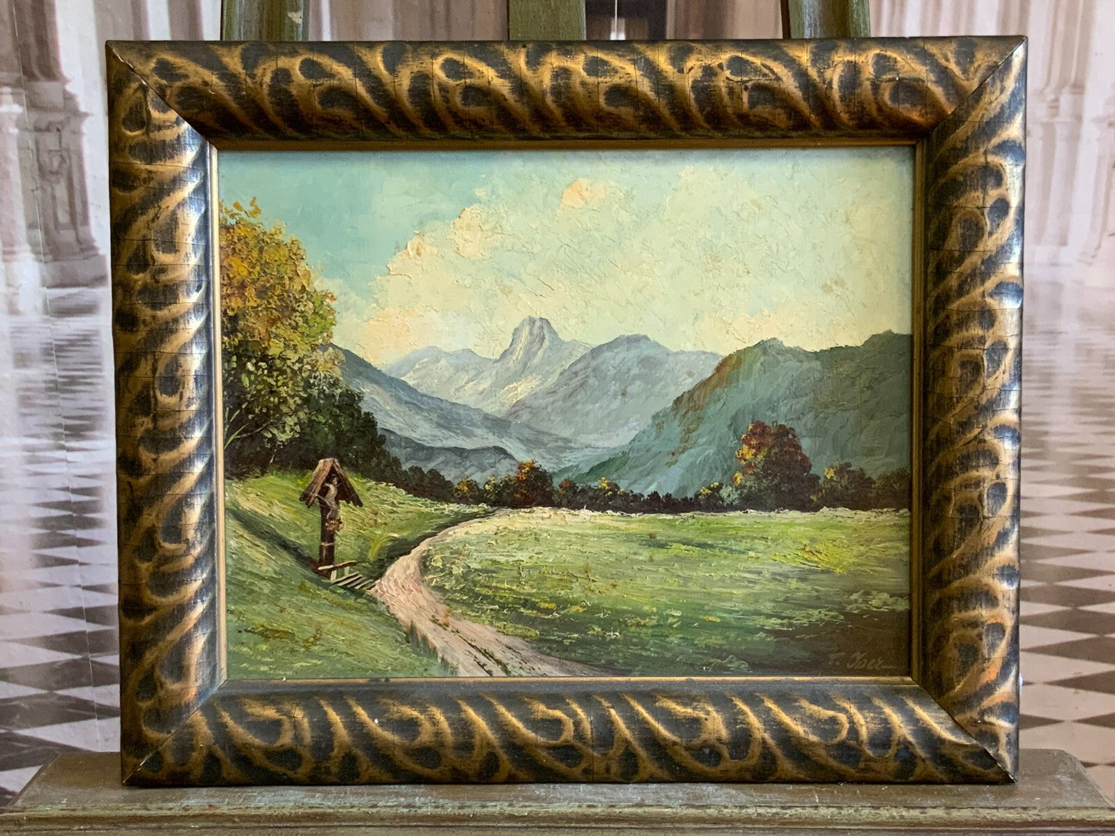 ÖLGEMÄLDE WANDERWEG IN DER LANDSCHAFT MIT KRUZIFIX SIGNIERT GUT GERAHMT