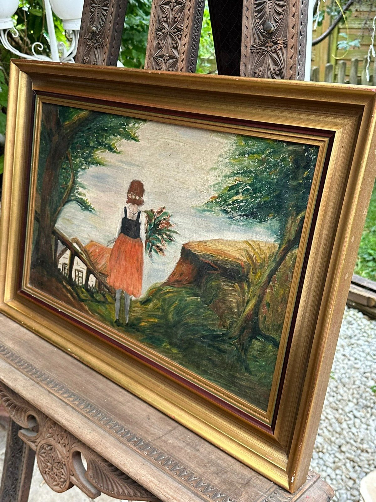 Antikes Ölgemälde von 1929 Mädchen vor Häusern Monogrammist