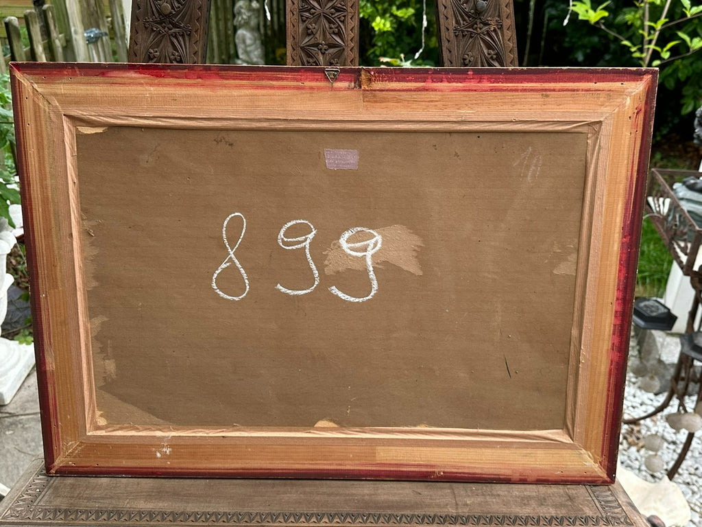 Antikes Ölgemälde von 1929 Mädchen vor Häusern Monogrammist