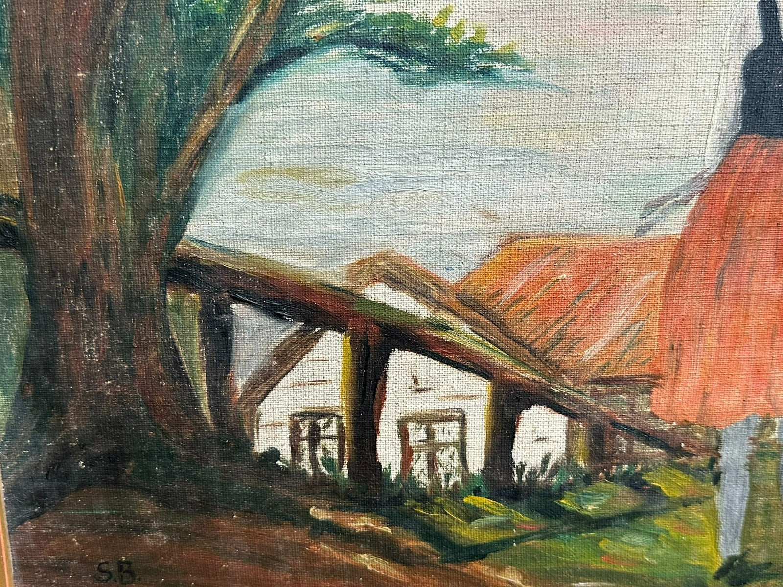 Antikes Ölgemälde von 1929 Mädchen vor Häusern Monogrammist