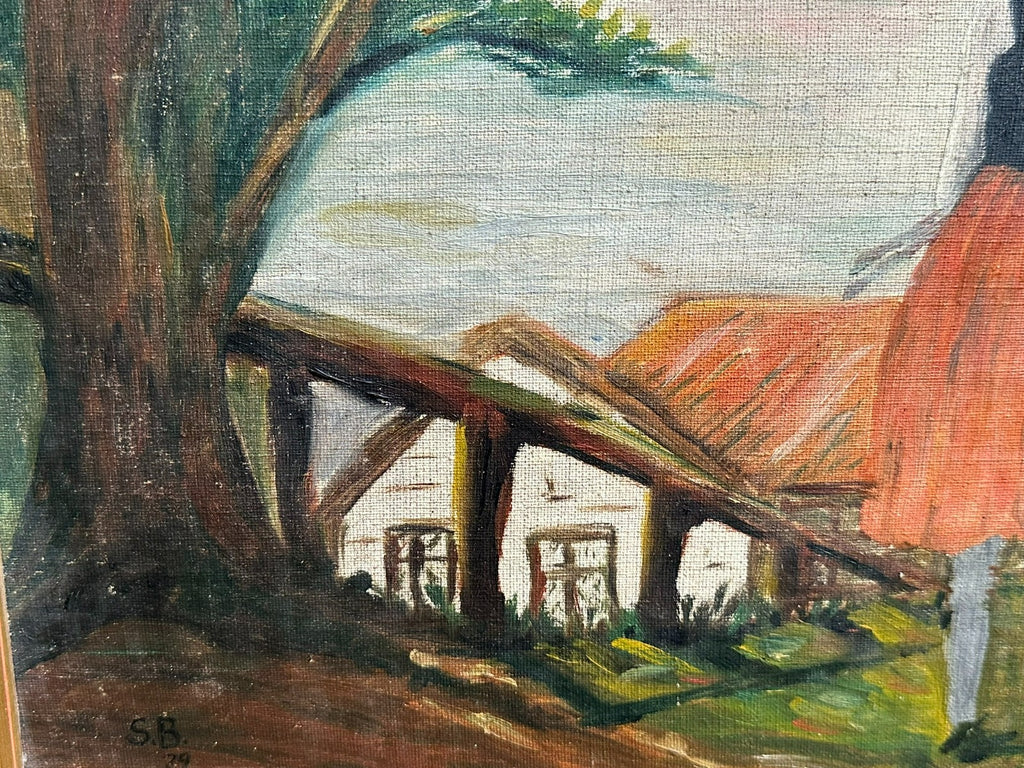 Antikes Ölgemälde von 1929 Mädchen vor Häusern Monogrammist