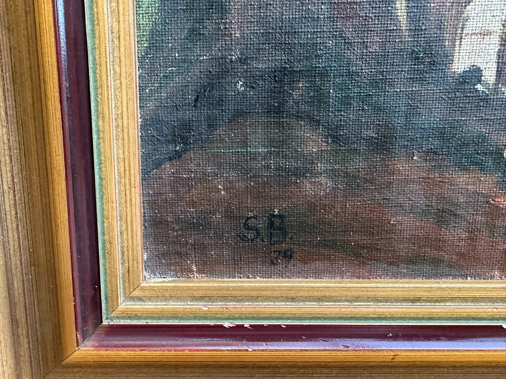 Antikes Ölgemälde von 1929 Mädchen vor Häusern Monogrammist