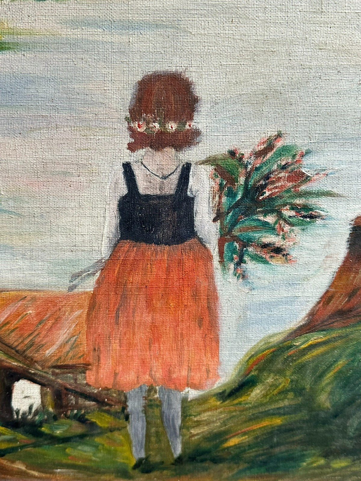 Antikes Ölgemälde von 1929 Mädchen vor Häusern Monogrammist