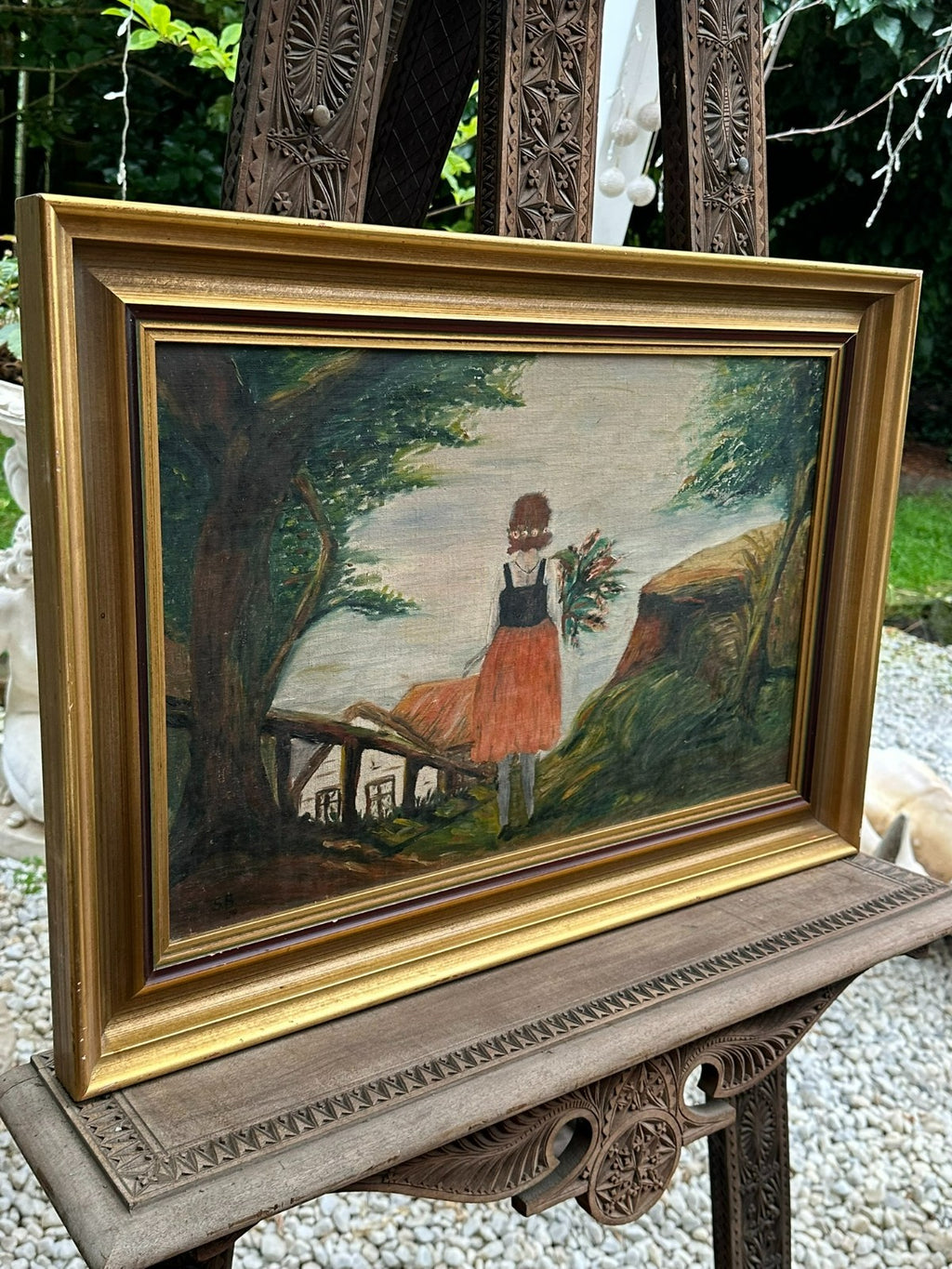 Antikes Ölgemälde von 1929 Mädchen vor Häusern Monogrammist