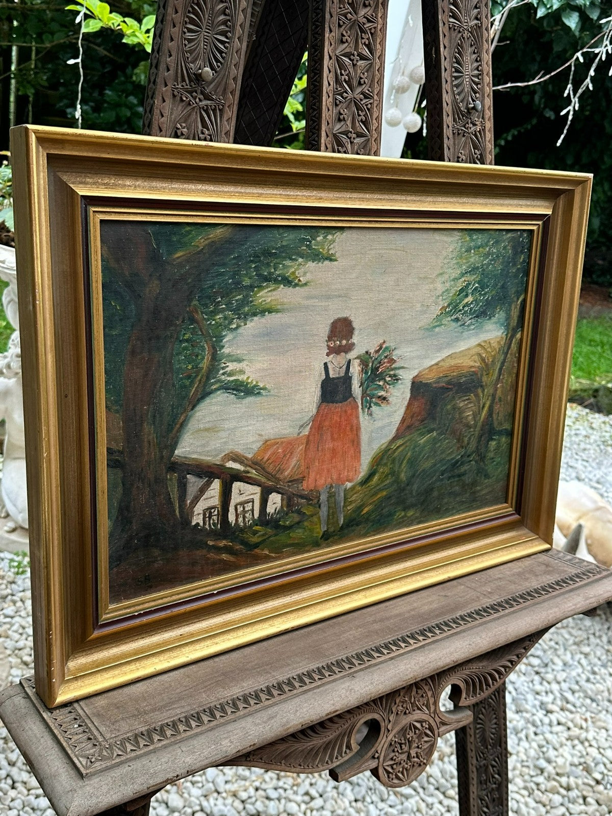 Antikes Ölgemälde von 1929 Mädchen vor Häusern Monogrammist